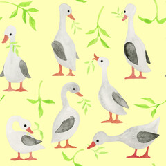 Funny Geese. Seamless pattern. Hand drawn style print.of drawings with geese. Hand-drawn cartoon illustration on yellow background. Children's theme, print for textiles.