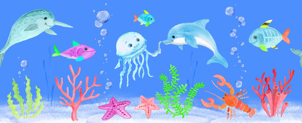 Naklejka na ściany i meble Children's colored drawing set with whales, algae, fish, jellyfish and starfish on the blue background