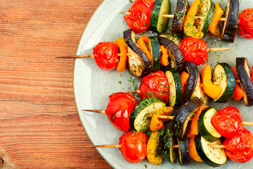 Vegetable skewers on wooden stick.