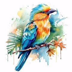 Tropic colorful bird watercolor. Cute small bird illustration. Generative Ai.