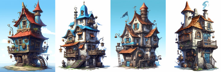 Set of handdrawn fairy houses. Medieval game level design. Tower Architecture. Generative Ai.