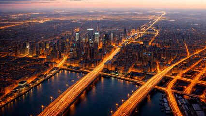 Fototapeta na wymiar Futuristic city at night time, Generative AI