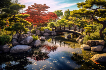 Fototapeta na wymiar Jardin japonais, asiatique, oriental - Générative IA