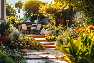 Fototapeta Jardin paysager, jardin d'agrément, avec escalier - Générative iA obraz