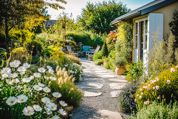 Fototapeta premium Jardin paysager, jardin d'agrément , avec allée - Générative iA