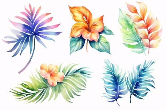 hand drawn watercolor tropical plants set. generative ai.