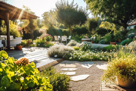 Jardin paysager, jardin d'agrément , avec allée - Générative iA