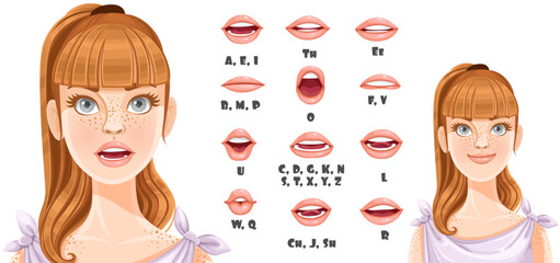 Cute cartoon blond girl with ponitail talking mouth animation. Female character speak mouths expressions