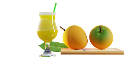 Mango fruit juice in glass and fresh mango fruits 3D rendering