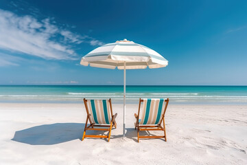 Obraz premium A beautiful beach with white sand, chairs and umbrella. Travel tourism background concept. Amazing beach landscape. Generative AI.