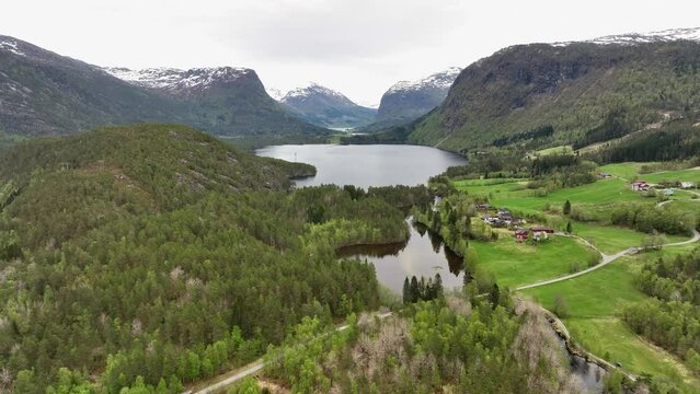 The Jolster freshwater lake in Sunnfjord Norway - Aerial from Vassenden looking towards Skei - Aerial