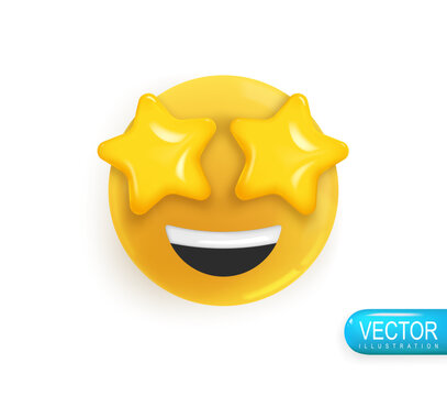 Emoji face smile with stars in your eyes. Realistic 3d Icon. Render of yellow glossy color emoji in plastic cartoon style isolated on white background. Vector illustration