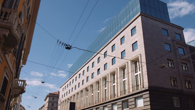Looking On The Five Star Hotel Of Armani In The City Center Of Milan, Italy. Low Angle Shot