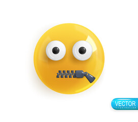 Emoji face mouth shut. Realistic 3d Icon. Render of yellow glossy color emoji in plastic cartoon style isolated on white background. Vector illustration