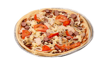 Tasty pizza with salami, sausages, cheese, onions and sauce.