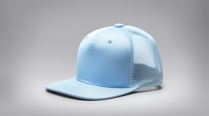 Fototapeta premium Blue baseball cap on a grey background. Mock up design. Generative AI Illustration