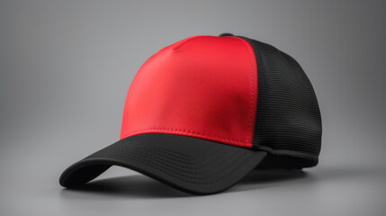 Black and red baseball cap on a grey background. Mock up design. Generative AI Illustration