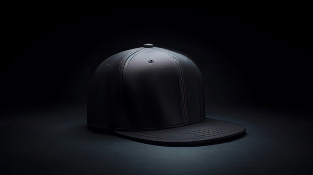 Black snapback on a black background. Mock up design. Generative AI Illustration
