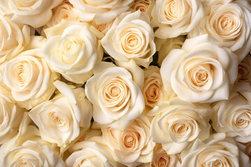 Obraz na płótnie Canvas white roses background. Top view of many white and creme color roses, generative ai