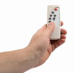 Hand holding a white LED solar lamp pilot on the white background