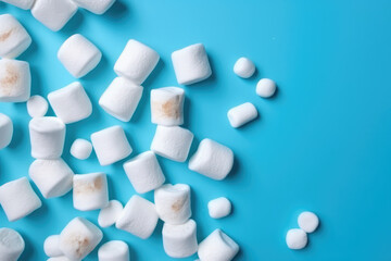 Lots of sweet white puffy marshmallows isolated on a flat blue background, copy space for text. Wallpaper Top view of mouthwatering sugar marshmallow. Generative AI professional photo imitation.