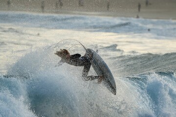 Closeup shot of a surfer catching a wave at Bondi Beach, Australia