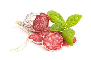 Salami sliced on the white background