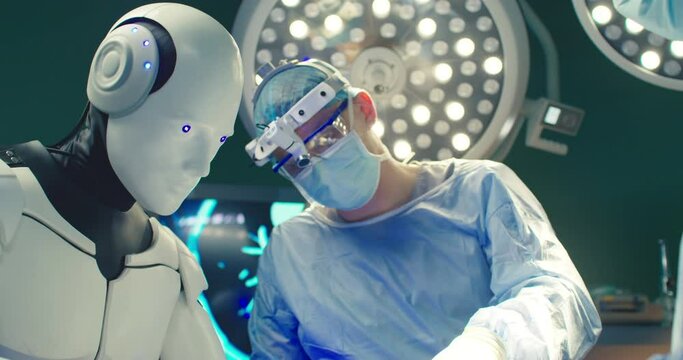 Future robotic surgery concept. Surgical room in hospital with robotic technology equipment. Robot surgeon in futuristic operation room. Minimal invasive surgical innovation.