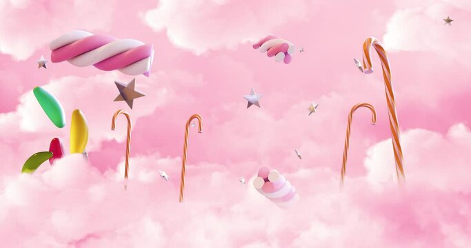 Looped background. Animated candy and sweets flying in pink clouds.