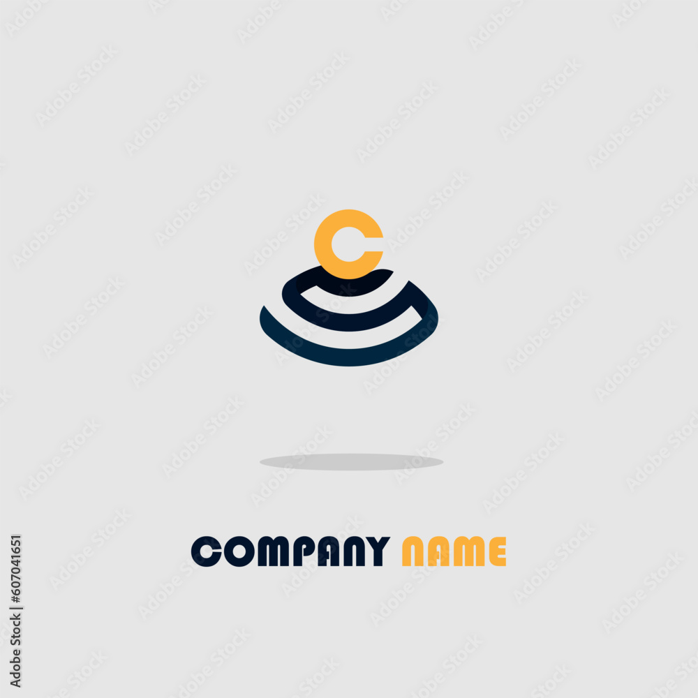 Poster minimalistic logo icon design and company name isolated on a gray backgroun