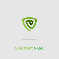 Green minimalistic logo icon design and company name isolated on a gray background