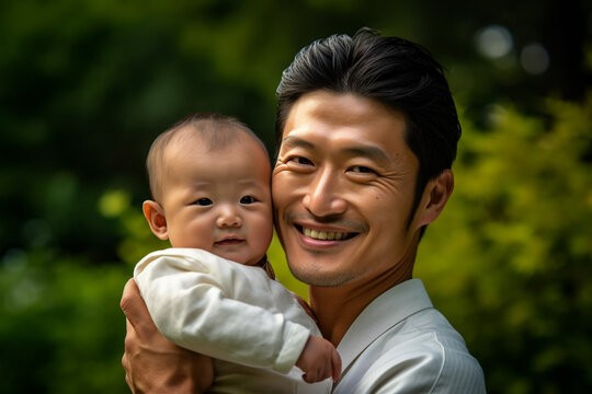 赤ちゃんを抱っこする父親：AI生成画像