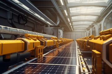 Fototapeta premium Robotic arm production solar industrial conveyor belt in the factory with Ai Generated