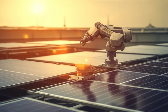 The robotic technician installation solar panel rooftop with Ai Generated