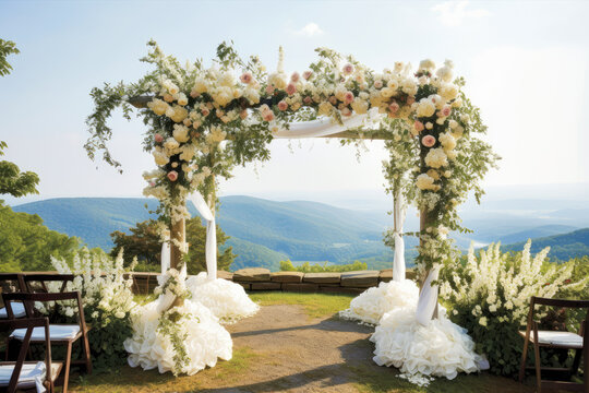 structured all white chuppah on an elevated hill overlooking appalachian mountains - Generative AI