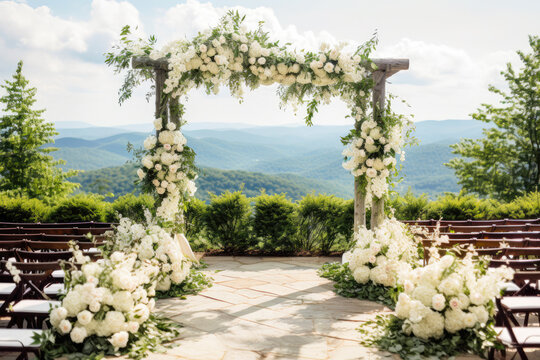 Structured all white chuppah on an elevated hill overlooking appalachian mountains