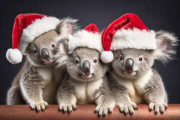 Three funny koalas in red Santa Claus hats. New year or christmas concept with wild zoo animals. Generative AI