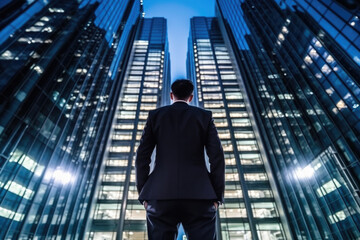 businessman in front of skyscrapers. Success, ambition and leadership concepts. generative ai