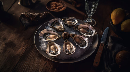 Fresh oysters on a black background. Close-up view. Generative AI