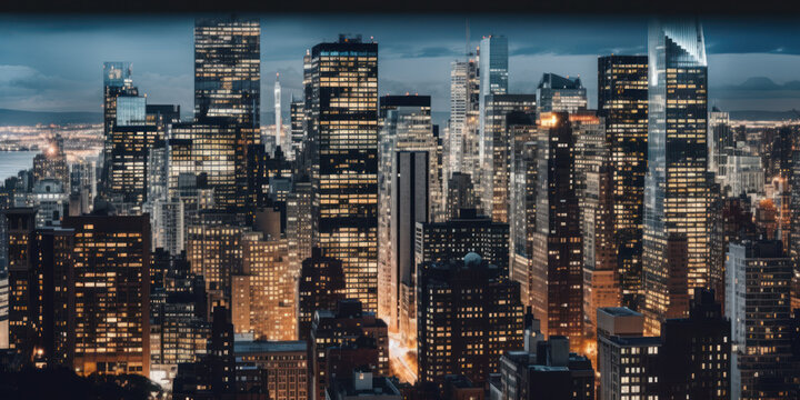 new york skyline with skyscrapers illuminated at night. generative ai