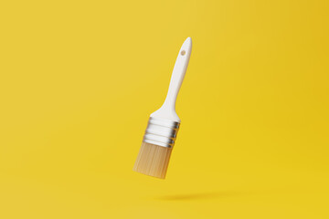 Paint brush floats in the air on a yellow background. Repair concept. 3d render illustration