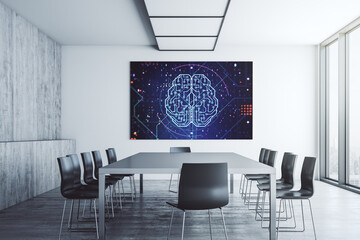 Creative artificial Intelligence concept with human brain hologram on presentation screen in a modern conference room. 3D Rendering
