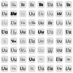 Letter U in different fonts on white background. Type design collection on grey buttons. Vector illustration.