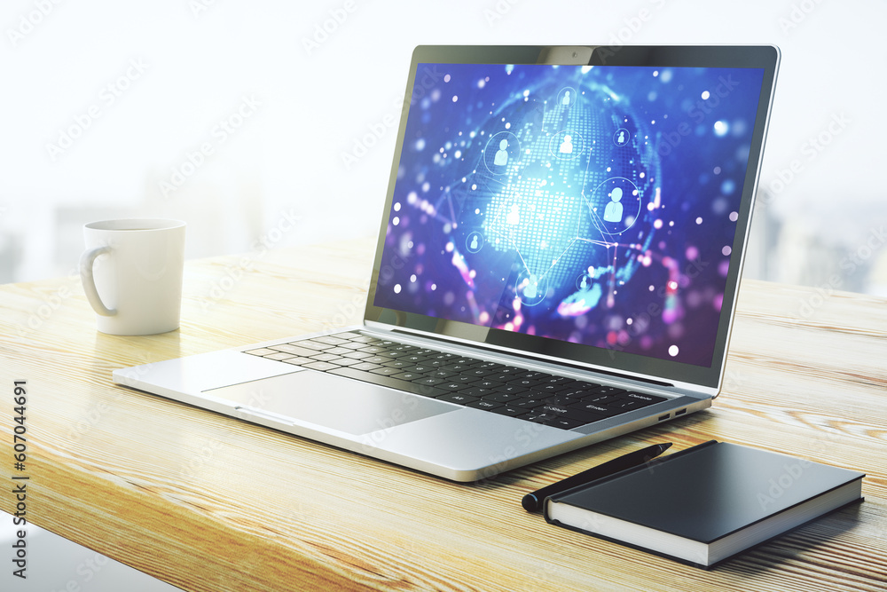 Poster social network concept with world map on modern laptop screen. 3d rendering