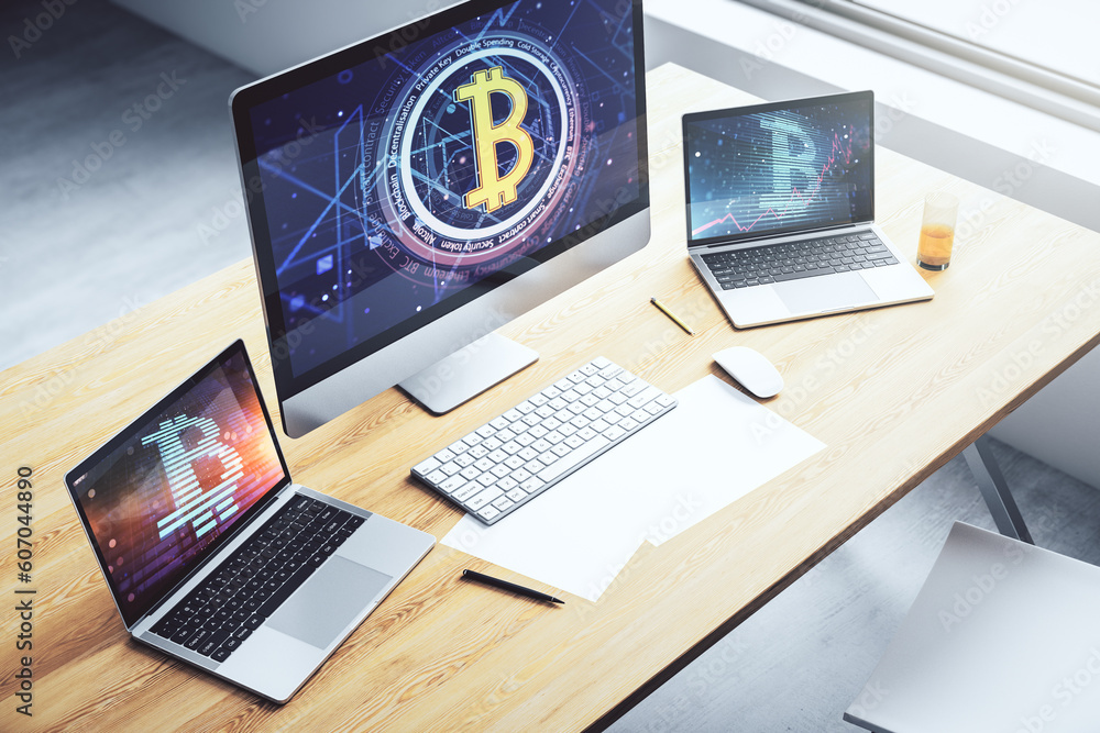Poster Modern computer display with creative Bitcoin symbol hologram. Mining and blockchain concept. 3D Rendering