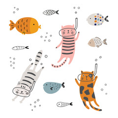 Funny cats in masks and fish under water. Vector illustration.