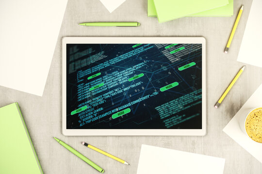 Abstract creative coding illustration on modern digital tablet display, software development concept. Top view. 3D Rendering