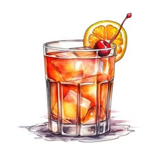 Whiskey sour Cocktail isolated on white drawn with watercolor (generative AI) - 607045619