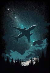 Starry sky with an airplane flying high. AI Generated