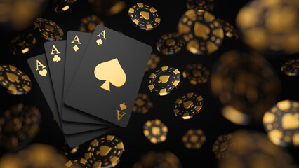 Casino game poker card playing gambling chips black and gold style banner backdrop background Concept. 3d rendering. - obrazy, fototapety, plakaty